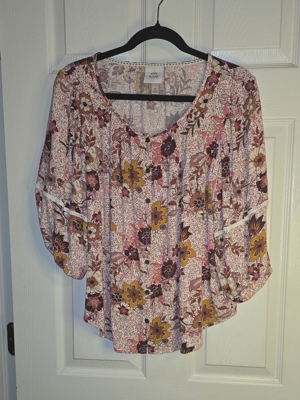 Knox Rose Pink and Mustard Floral Button-Front Peasant Blouse